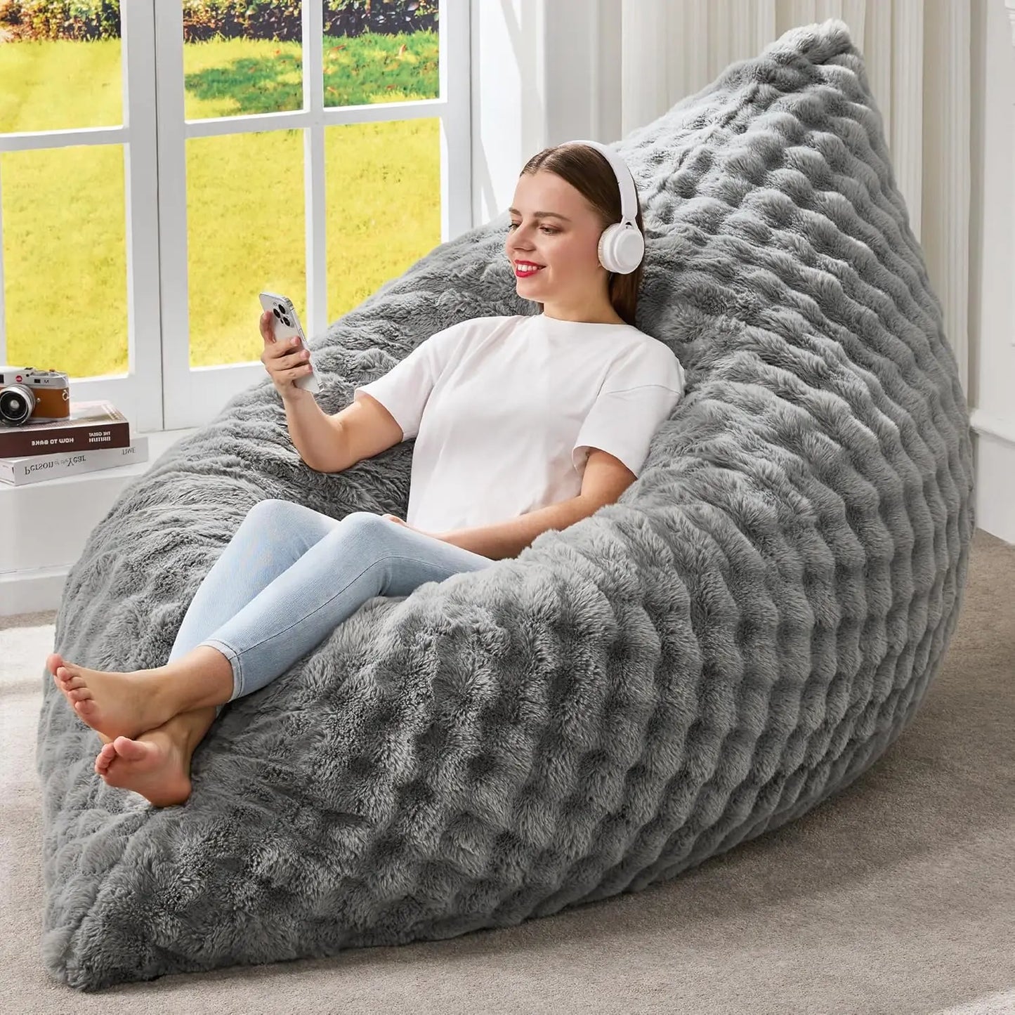 3-in-1 Giant Memory Foam Bean Bag Chair with Washable Cover for Living Room, Bedroom, or Dorm - Bubble Grey