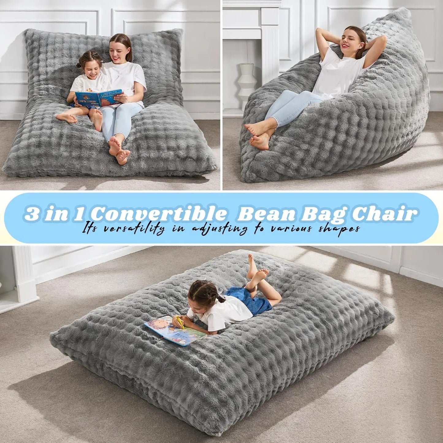 3-in-1 Giant Memory Foam Bean Bag Chair with Washable Cover for Living Room, Bedroom, or Dorm - Bubble Grey