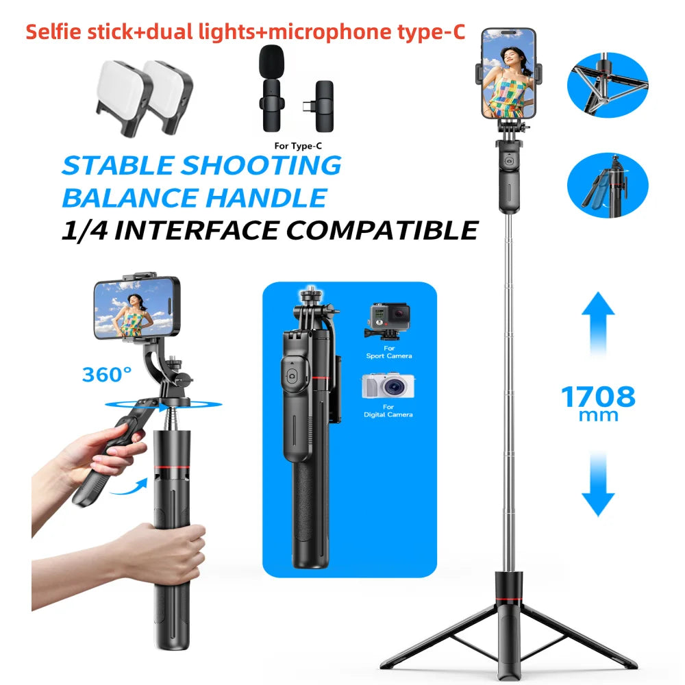 Selfie Stick Tripod with 1708mm Long Monopod Fill Light, Bluetooth Remote, 360° Rotation, 1/4 Interface, for mobile phone