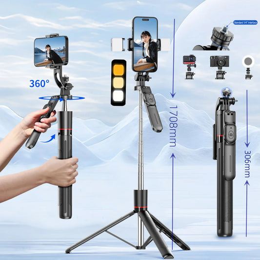 Selfie Stick Tripod with 1708mm Long Monopod Fill Light, Bluetooth Remote, 360° Rotation, 1/4 Interface, for mobile phone